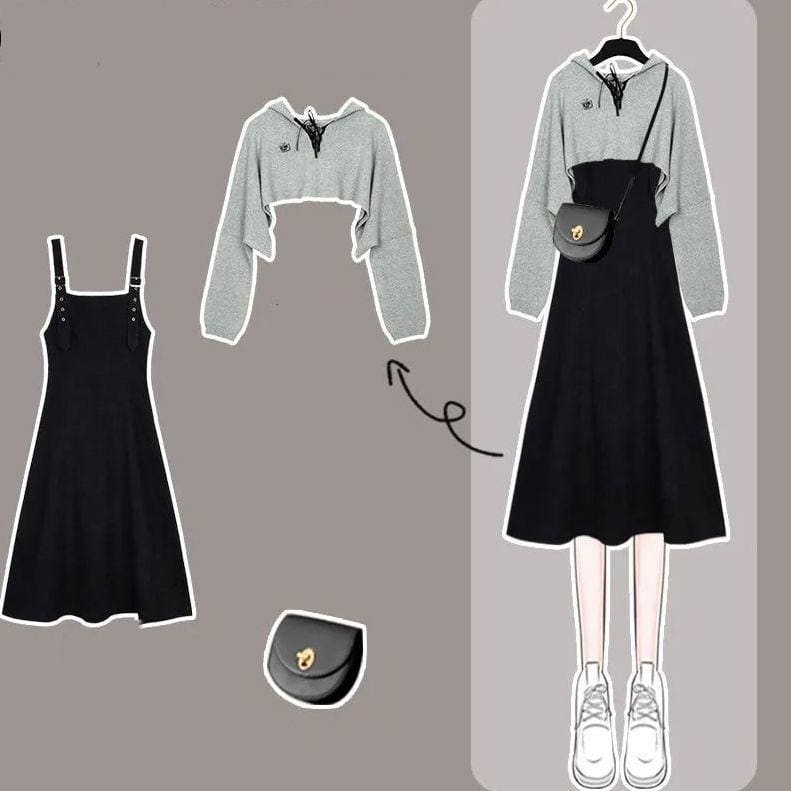 Fashion Gray Short Sweater Black Dress Two Piece Set SP16135 - Egirldoll