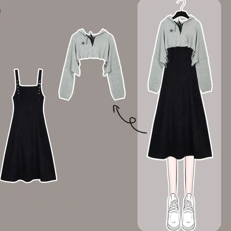 Fashion Gray Short Sweater Black Dress Two Piece Set SP16135 - Egirldoll