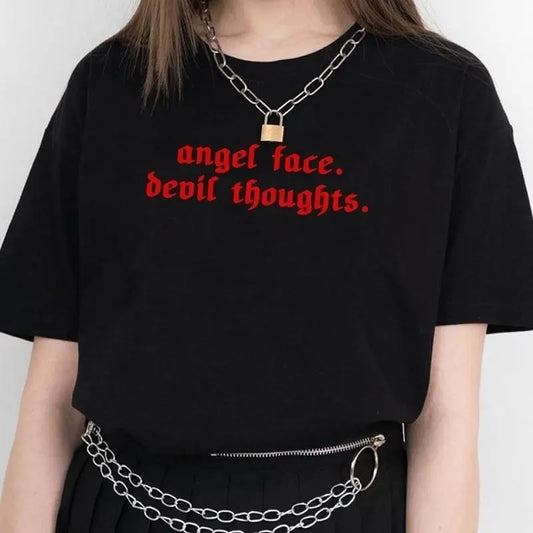Gothic ANGEL FACE DEVIL THOUGHTS T-Shirt (Available in black and white) EG315 - Egirldoll