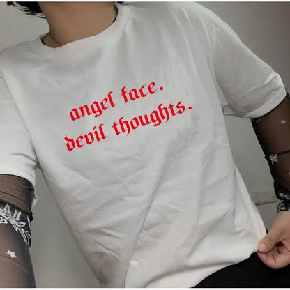 Gothic ANGEL FACE DEVIL THOUGHTS T-Shirt (Available in black and white) EG315 - Egirldoll