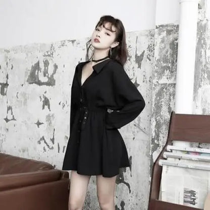 Gothic Belted V Collar Mini Dress Shirt EG189 - Egirldoll