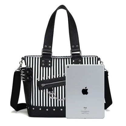 Gothic Black and White Stripes Studded Chain Zipper Tote Shoulder Bag EG089 - Egirldoll