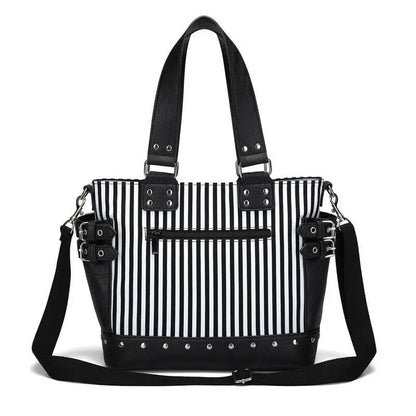 Gothic Black and White Stripes Studded Chain Zipper Tote Shoulder Bag EG089 - Egirldoll