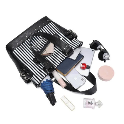 Gothic Black and White Stripes Studded Chain Zipper Tote Shoulder Bag EG089 - Egirldoll