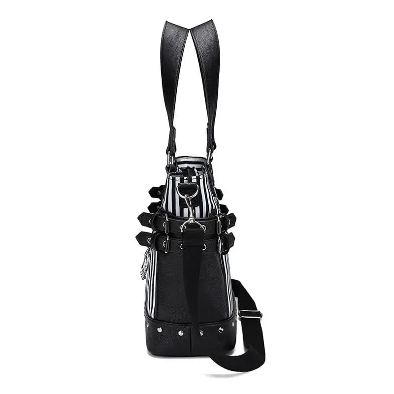 Gothic Black and White Stripes Studded Chain Zipper Tote Shoulder Bag EG089 - Egirldoll