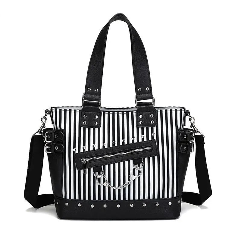 Gothic Black and White Stripes Studded Chain Zipper Tote Shoulder Bag EG089 - Egirldoll