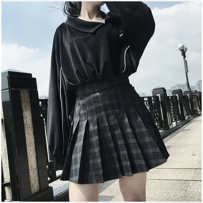 Gothic Black Gray Pleated Plaid Mini Skirt EG388 - Egirldoll