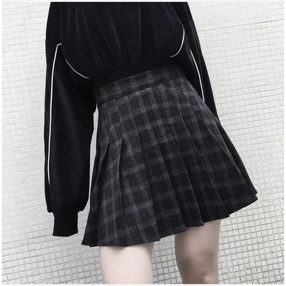 Gothic Black Gray Pleated Plaid Mini Skirt EG388 - Egirldoll