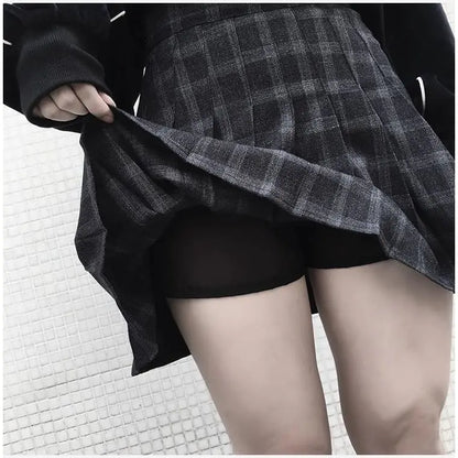 Gothic Black Gray Pleated Plaid Mini Skirt EG388 - Egirldoll