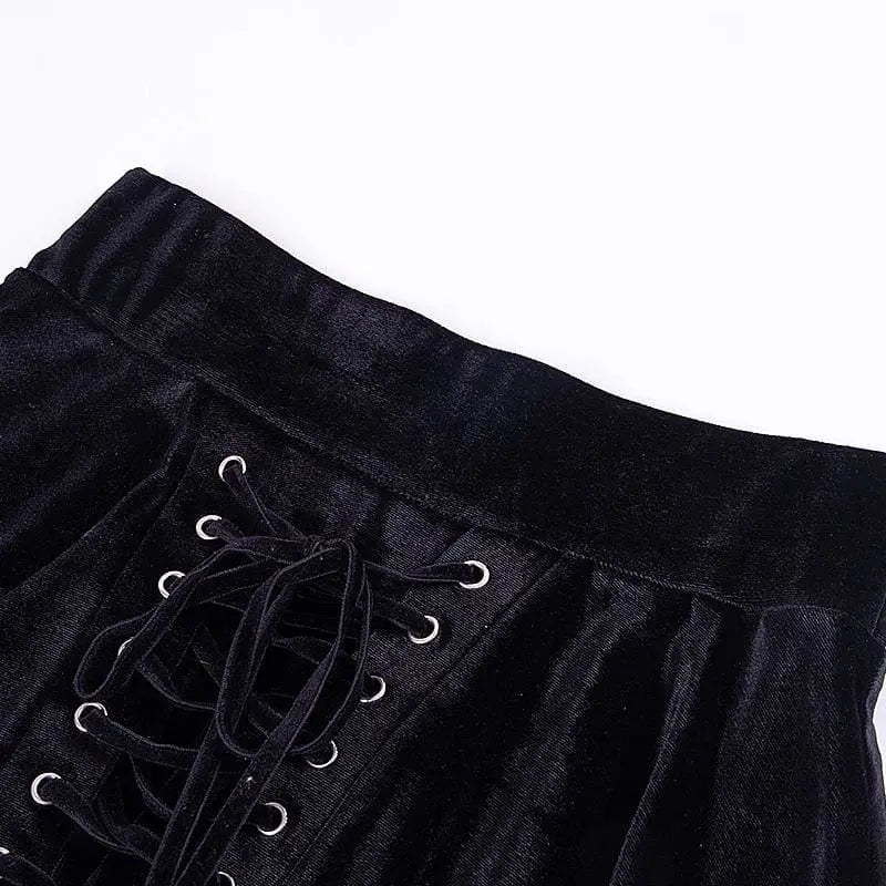 Gothic Black Velvet Lace Up Front A-Line Mini Skirt EG484 - Egirldoll
