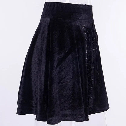 Gothic Black Velvet Lace Up Front A-Line Mini Skirt EG484 - Egirldoll