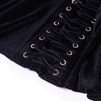 Gothic Black Velvet Lace Up Front A-Line Mini Skirt EG484 - Egirldoll