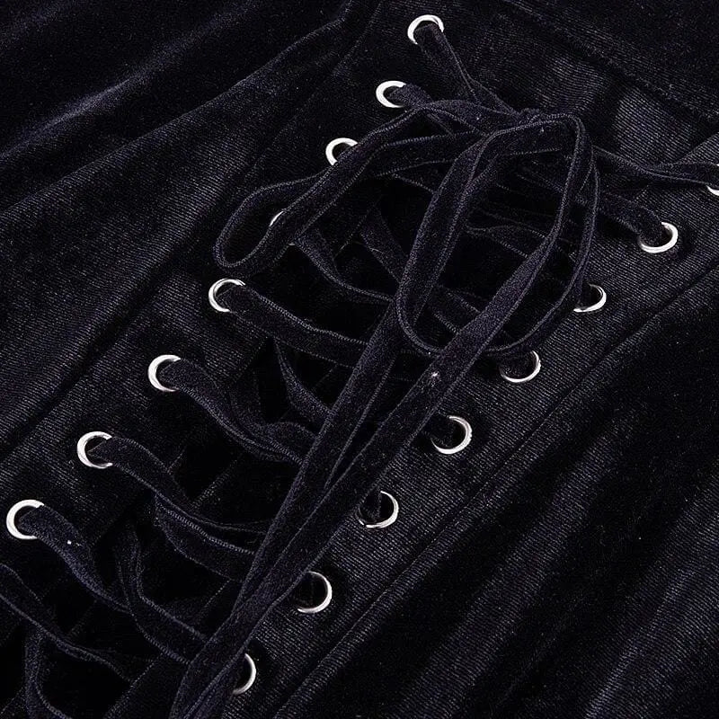Gothic Black Velvet Lace Up Front A-Line Mini Skirt EG484 - Egirldoll
