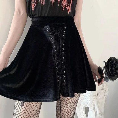 Gothic Black Velvet Lace Up Front A-Line Mini Skirt EG484 - Egirldoll