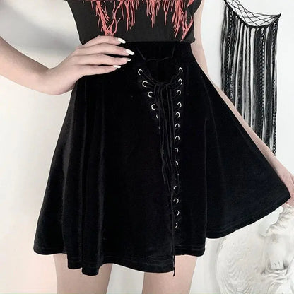 Gothic Black Velvet Lace Up Front A-Line Mini Skirt EG484 - Egirldoll