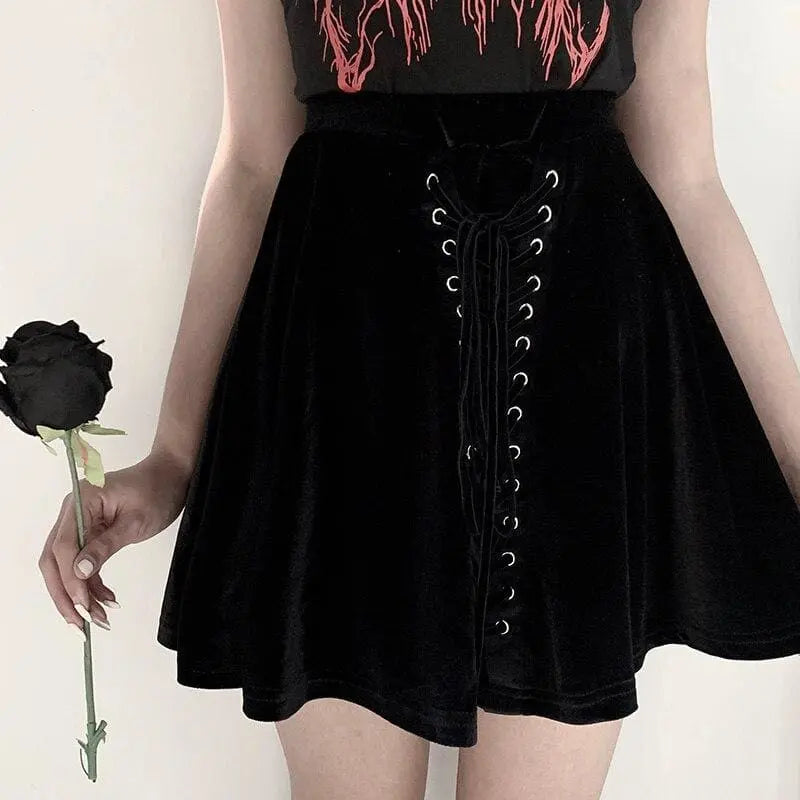 Gothic Black Velvet Lace Up Front A-Line Mini Skirt EG484 - Egirldoll