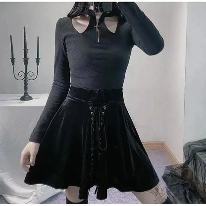 Gothic Black Velvet Lace Up Front A-Line Mini Skirt EG484 - Egirldoll