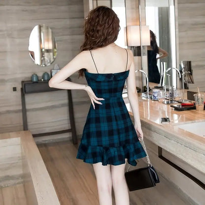 Gothic Blue Sling Strap Plaid Dress EG0065 - Egirldoll