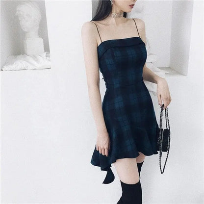 Gothic Blue Sling Strap Plaid Dress EG0065 - Egirldoll