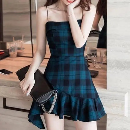 Gothic Blue Sling Strap Plaid Dress EG0065 - Egirldoll