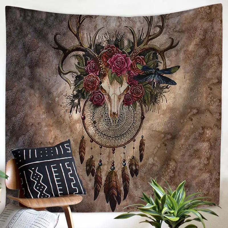 Gothic Bohemian Horn Skull Roses Dream Catcher Wall Tapestry EG0075 - Egirldoll