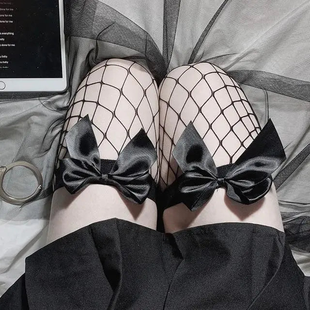 Gothic Bow Over The Knee Fishnet Stockings EG0080 - Egirldoll