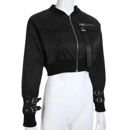 Gothic Buckle Cuffs Zip Up Crop Bomber Jacket EG0081 - Egirldoll