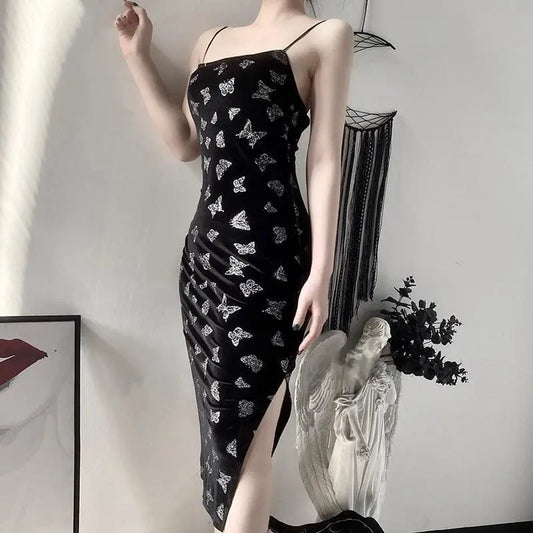 Gothic Butterfly Velvet Bodycon Slit Dress EG270 - Egirldoll