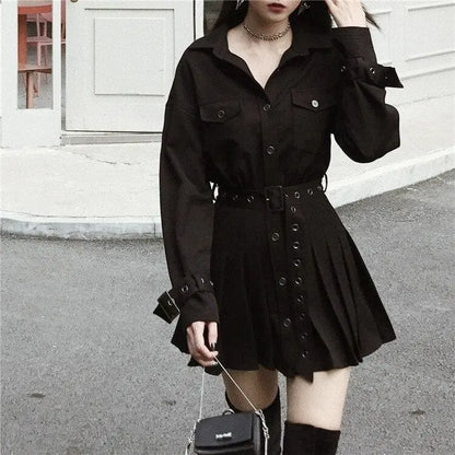 Gothic Classic Collar Grommet Belted Dress EG070 - Egirldoll