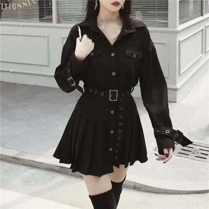 Gothic Classic Collar Grommet Belted Dress EG070 - Egirldoll