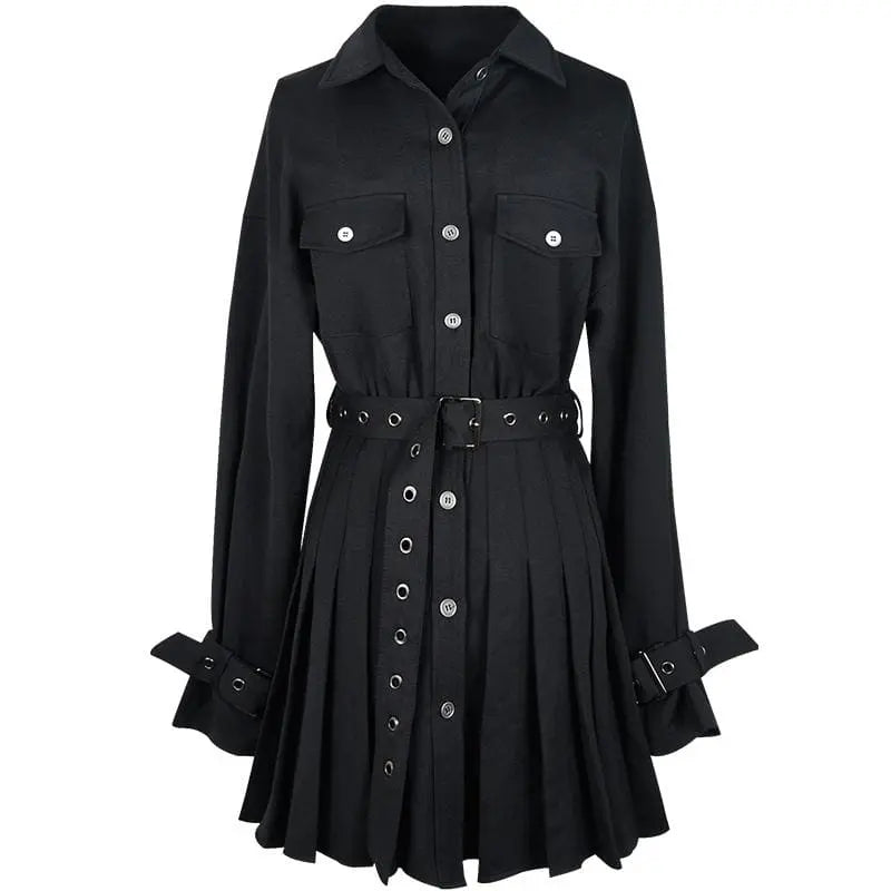 Gothic Classic Collar Grommet Belted Dress EG070 - Egirldoll