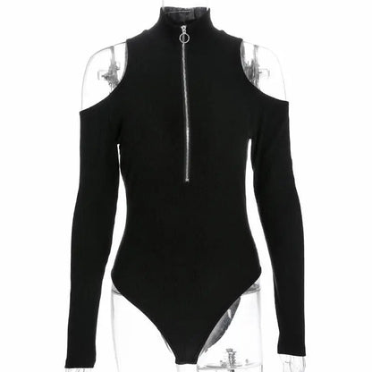 Gothic Cold Shoulder Long Sleeve Zip Up Bodysuit EG474 - Egirldoll