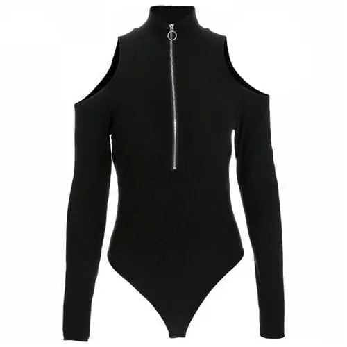 Gothic Cold Shoulder Long Sleeve Zip Up Bodysuit EG474 - Egirldoll