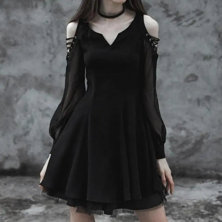 Gothic Cold Shoulder Mesh Sleeve V Neck Dress EG267 - Egirldoll