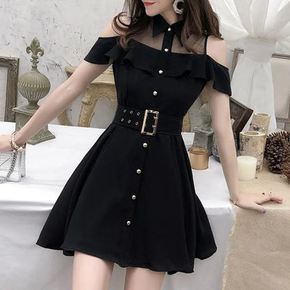 Gothic Cold Shoulder Turn Down Collar Belted Dress EG149 - Egirldoll