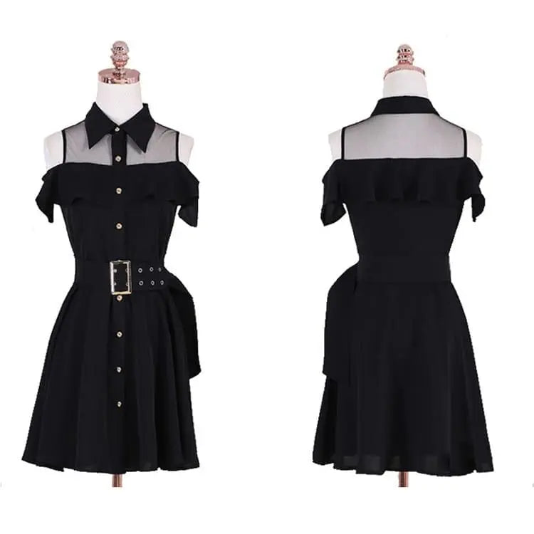 Gothic Cold Shoulder Turn Down Collar Belted Dress EG149 - Egirldoll