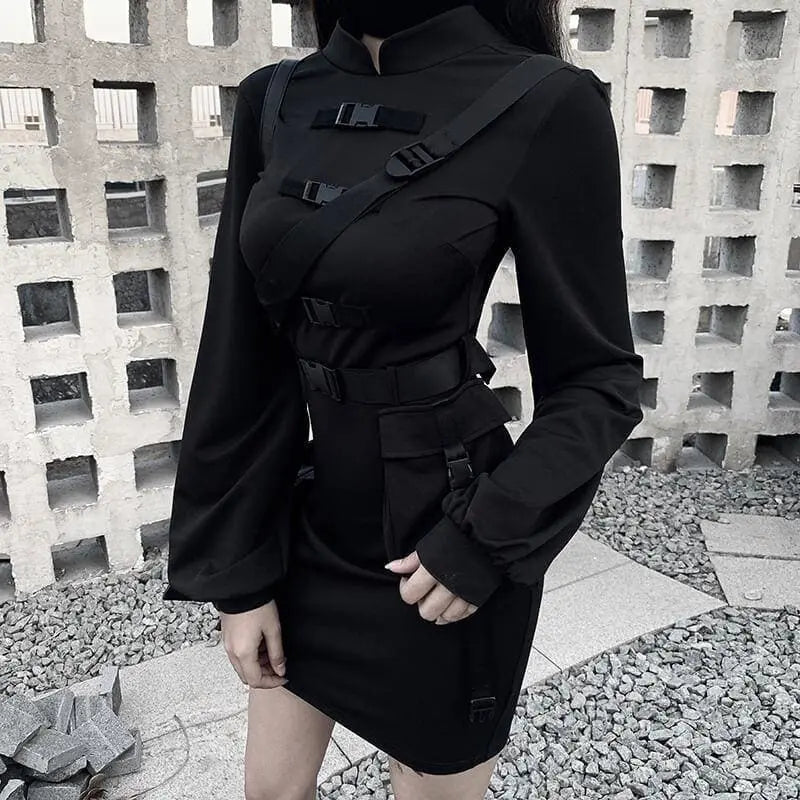 Gothic Cyberpunk Cheongsam Style Buckle Straps Mini Dress EG043 - Egirldoll