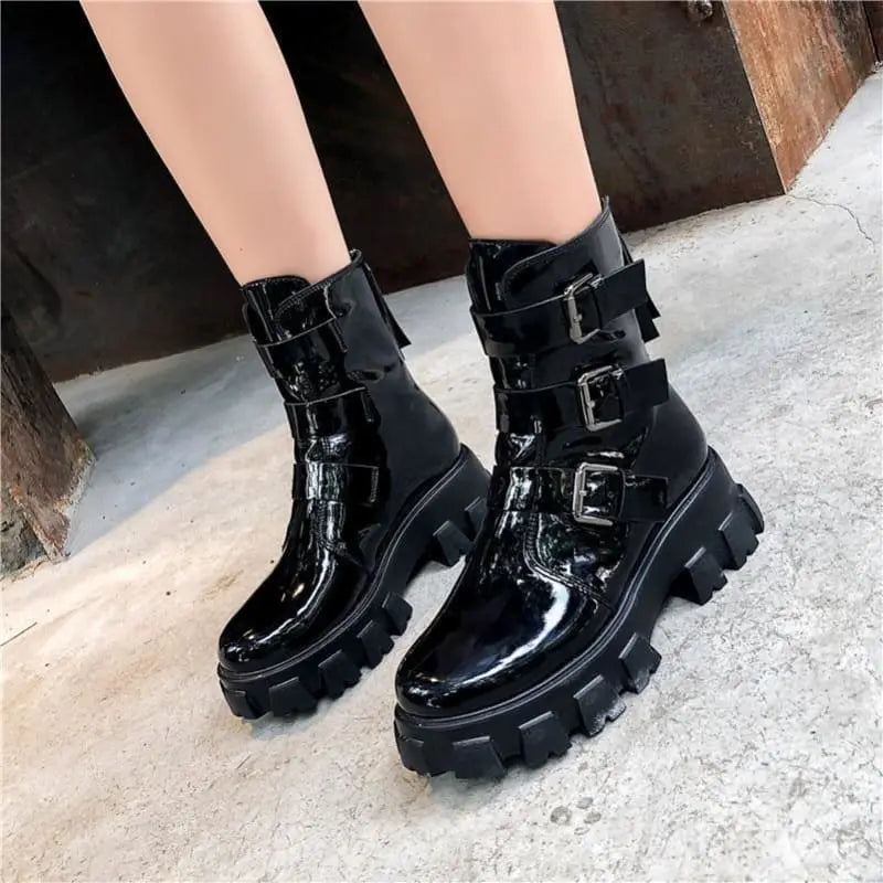 Gothic Cyberpunk Patent/PU Leather Triple Buckle Boots EG0155 - Egirldoll