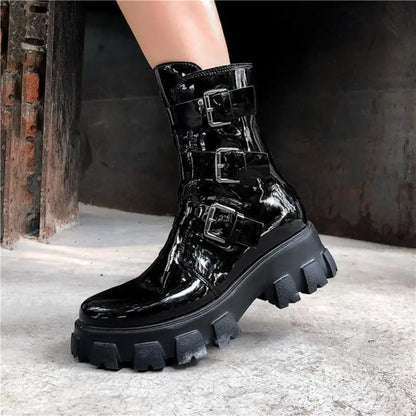 Gothic Cyberpunk Patent/PU Leather Triple Buckle Boots EG0155 - Egirldoll