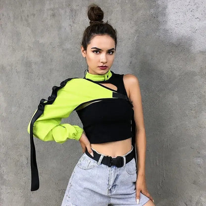 Gothic Cyberpunk Streetwear Reflective One Shoulder Sleeve Outerwear (Available in 3 colors) EG381 - Egirldoll