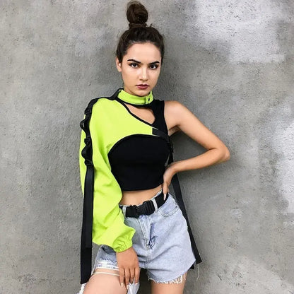 Gothic Cyberpunk Streetwear Reflective One Shoulder Sleeve Outerwear (Available in 3 colors) EG381 - Egirldoll