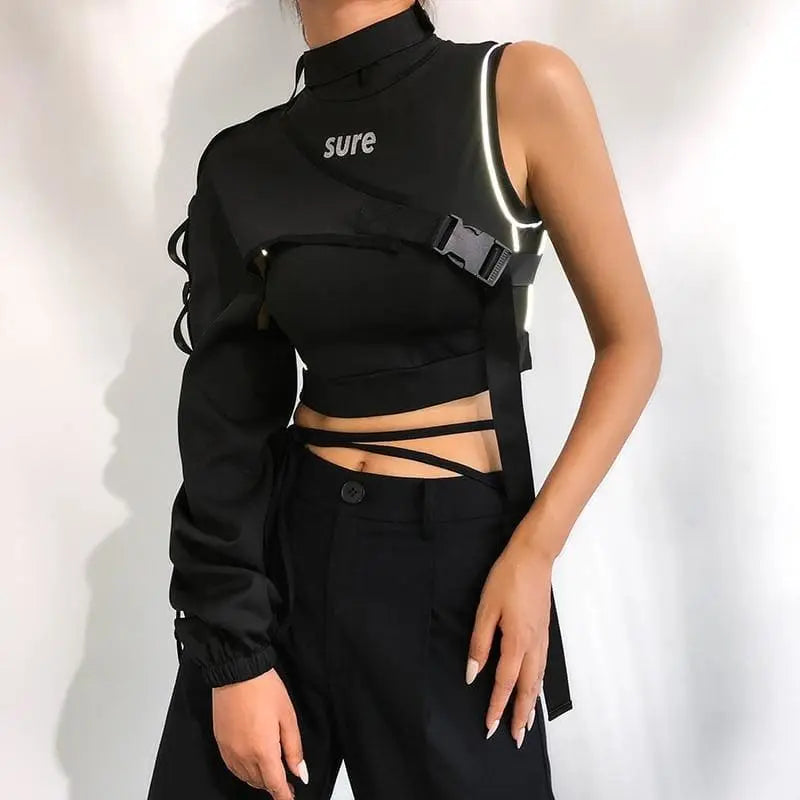 Gothic Cyberpunk Streetwear Reflective One Shoulder Sleeve Outerwear (Available in 3 colors) EG381 - Egirldoll