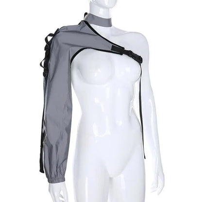 Gothic Cyberpunk Streetwear Reflective One Shoulder Sleeve Outerwear (Available in 3 colors) EG381 - Egirldoll