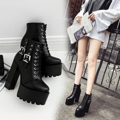 Gothic Double Buckle Lace Up Platform Boots EG035 - Egirldoll