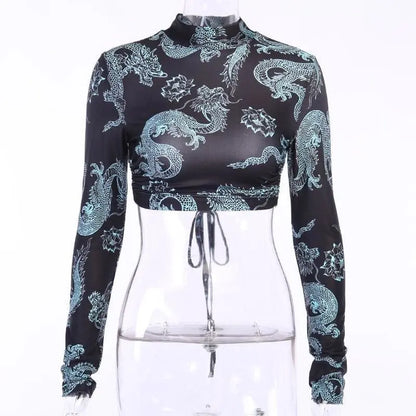 Gothic Dragon Print Backless Long Sleeve Top EG309 - Egirldoll