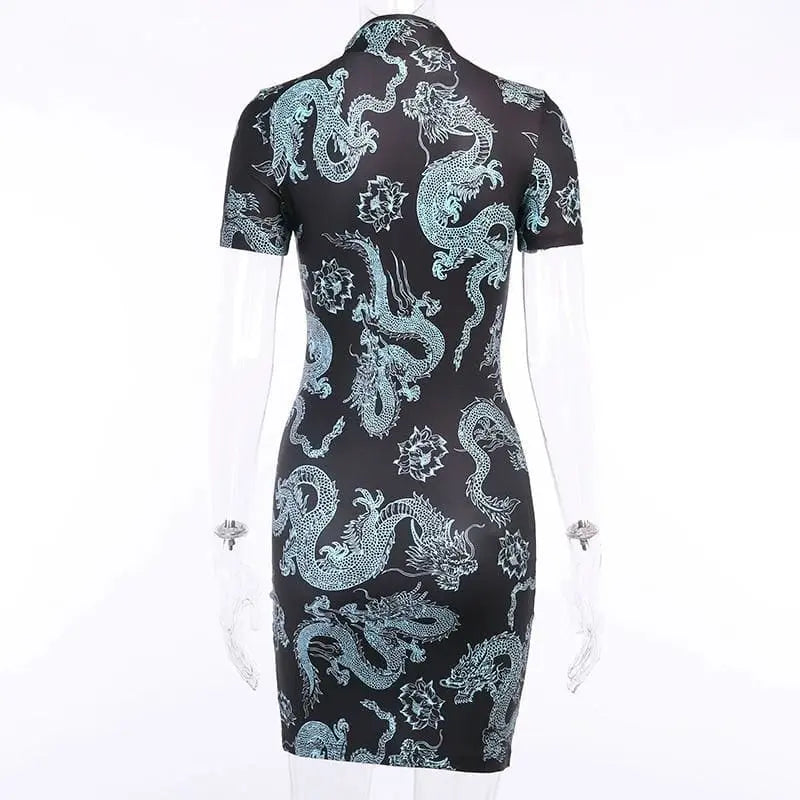 Gothic Dragon Print Cheongsam Summer Bodycon Slit Mini Dress EG204 - Egirldoll