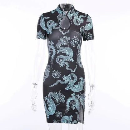 Gothic Dragon Print Cheongsam Summer Bodycon Slit Mini Dress EG204 - Egirldoll