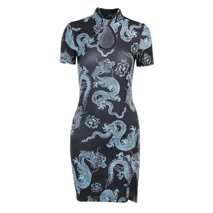 Gothic Dragon Print Cheongsam Summer Bodycon Slit Mini Dress EG204 - Egirldoll