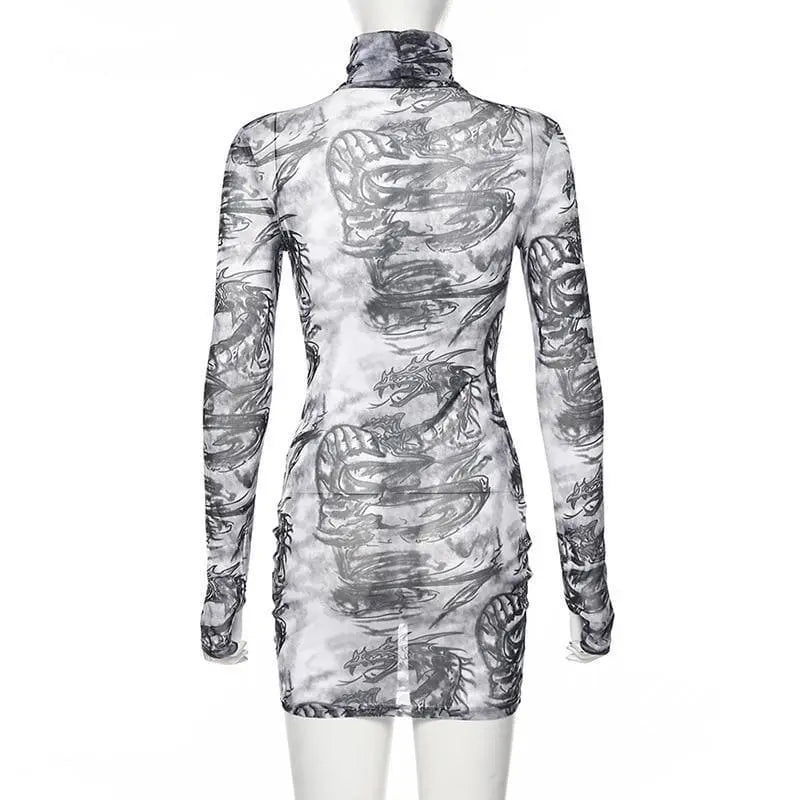 Gothic Dragon Print White Mesh Turtleneck Bodycon Mini Dress EG010 - Egirldoll