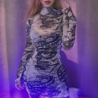 Gothic Dragon Print White Mesh Turtleneck Bodycon Mini Dress EG010 - Egirldoll